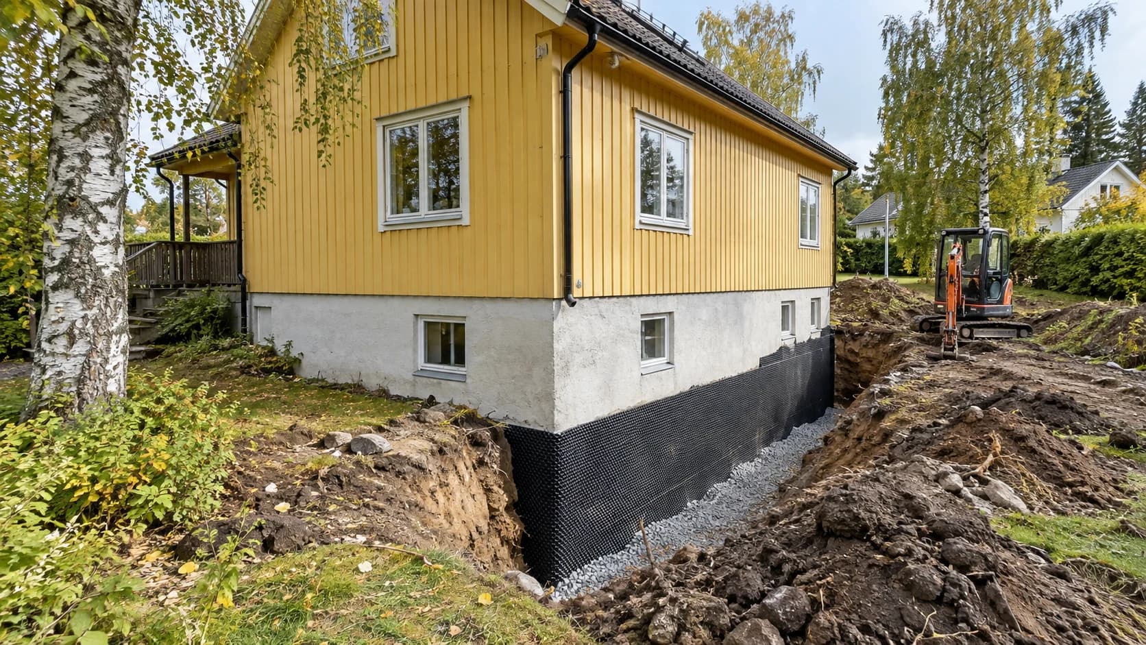 KI-generert motiv av dreneringsarbeid ved et norsk trehus, med åpen grøft og liten gravemaskin.