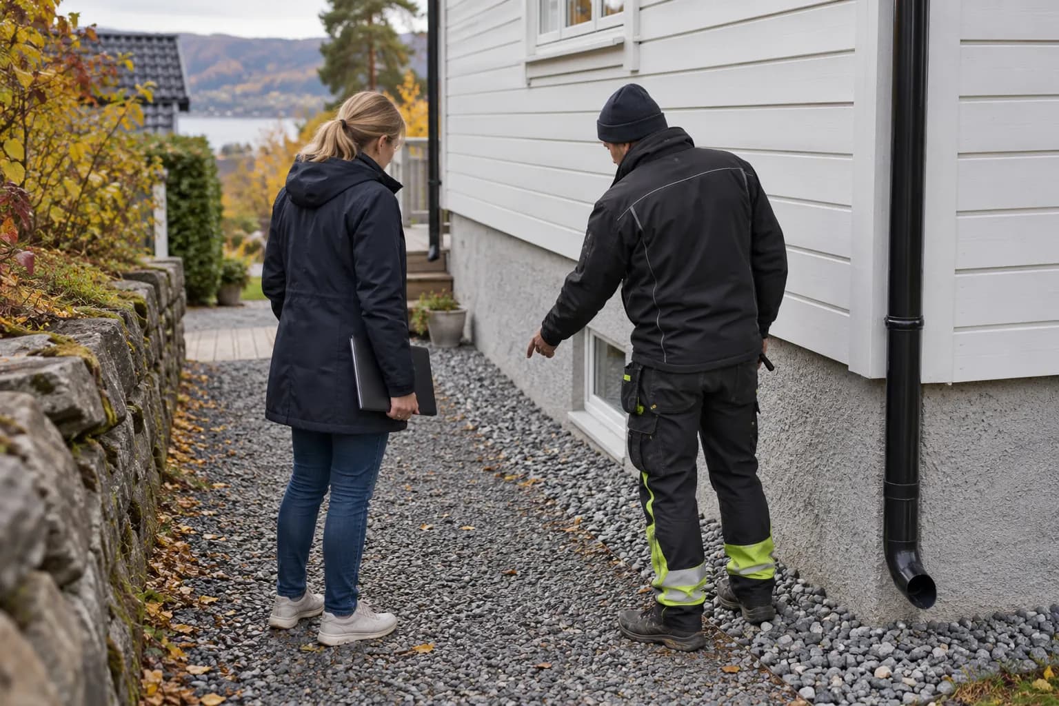 Huseier og fagperson ser på grunnmuren og en smal passasje ved et trehus.