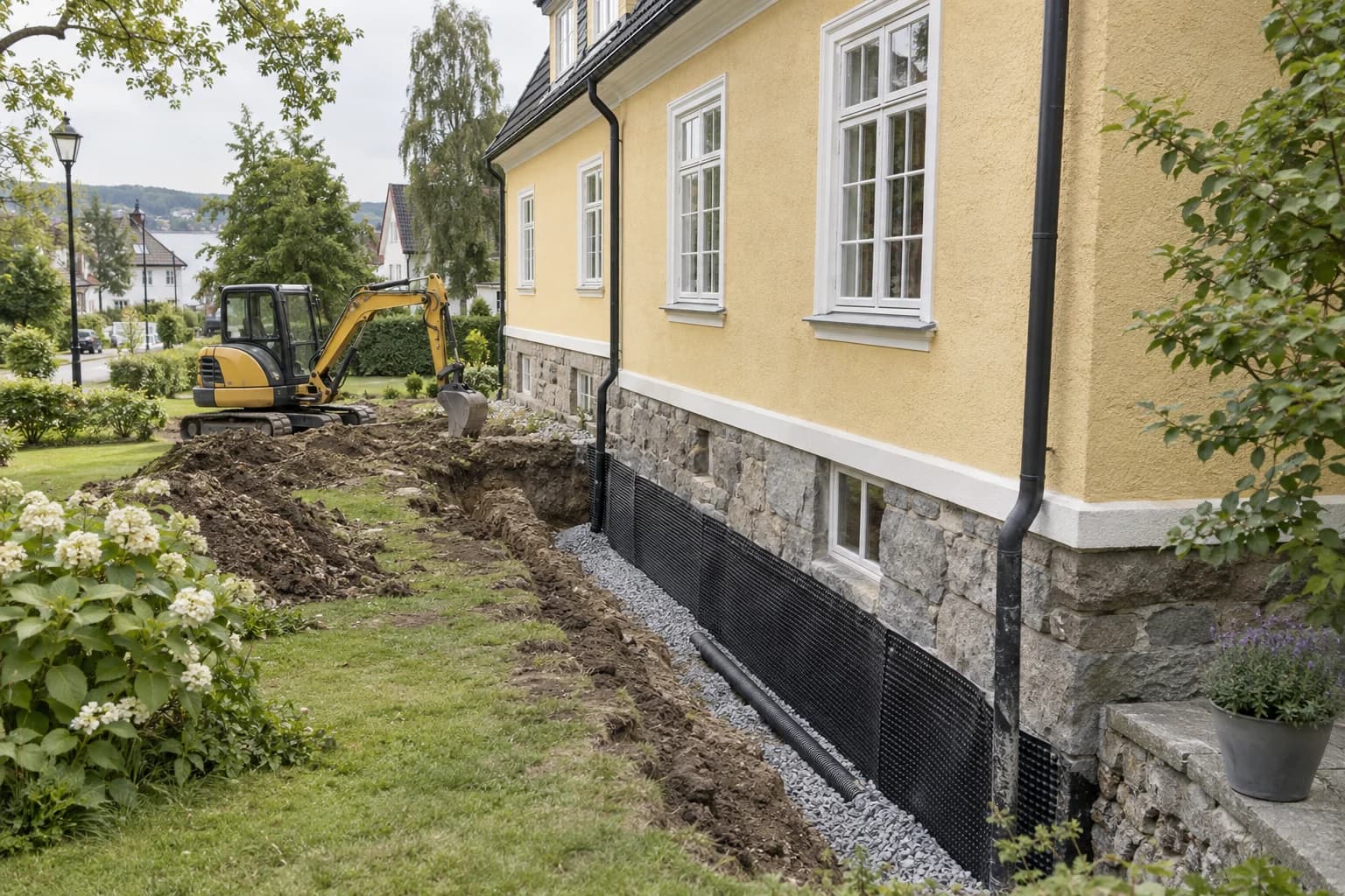 KI-generert motiv: dreneringsarbeid langs steingrunnmuren til et gult murhus, med gravemaskin i hagen.